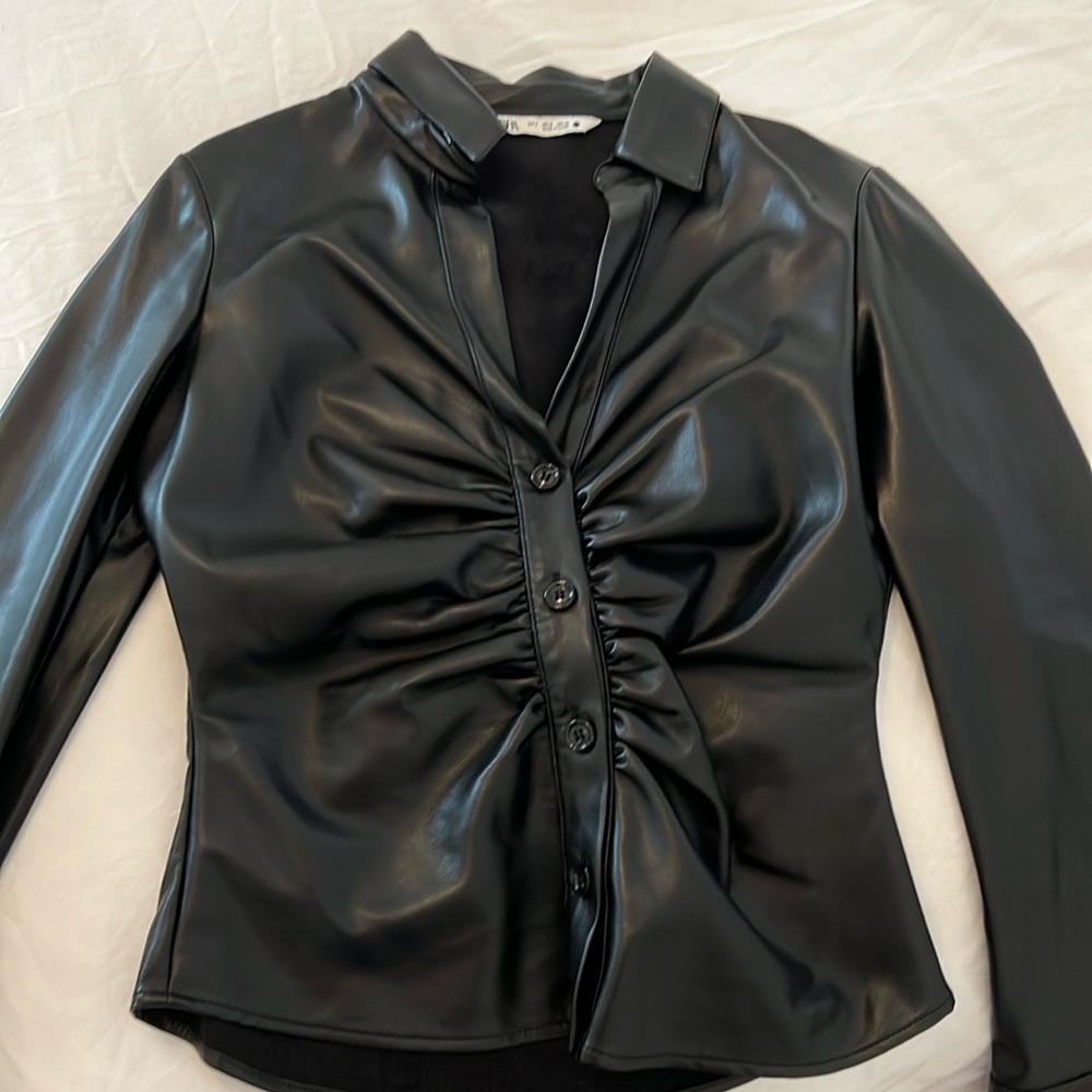 zara faux leather button down